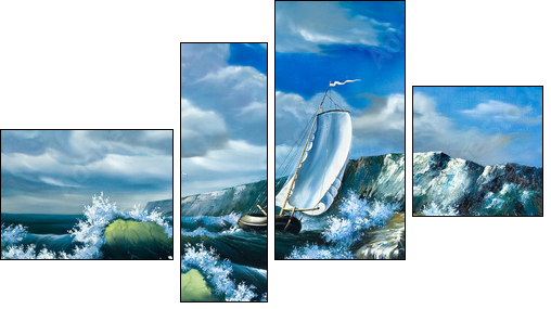 Lonely sailing vessel in the storming sea - Vierteiliges Leinwandbild, Viertychon