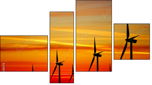 Wind turbines farm at sunset - Vierteiliges Leinwandbild, Viertychon
