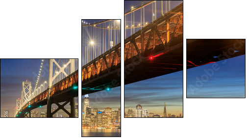 Western Span of San Francisco-Oakland Bay Bridge and San Francisco Waterfront in Blue Hour. Shot from Yerba Buena Island, San Francisco, California, USA. - Vierteiliges Leinwandbild, Viertychon