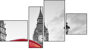 Red phone booth in London with the Big Ben in black and white - Vierteiliges Leinwandbild, Viertychon