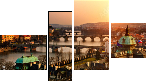 Panoramic view on Charles bridge and sunset Prague lights. - Vierteiliges Leinwandbild, Viertychon