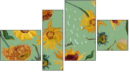 Sunflower flowers on a background of sea green. Vector illustration based on the painting of Van Gogh. - Vierteiliges Leinwandbild, Viertychon