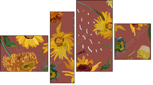 Sunflower flowers on a background of sea green. Vector illustration based on the painting of Van Gogh. - Vierteiliges Leinwandbild, Viertychon