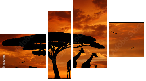 herd of giraffes in the setting sun - Vierteiliges Leinwandbild, Viertychon
