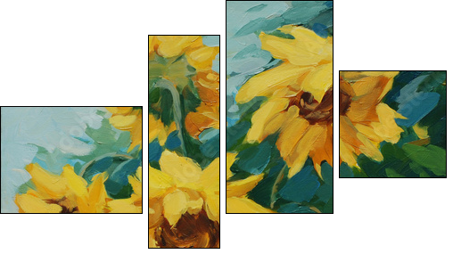field with sunflowers drawn on a canvas oil,  illustration, pain - Vierteiliges Leinwandbild, Viertychon