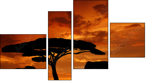 Silhouette two elephants in the sunset - Vierteiliges Leinwandbild, Viertychon