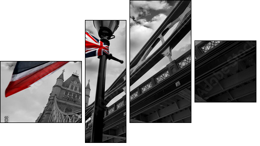 London Tower Bridge with colorful flag of England - Vierteiliges Leinwandbild, Viertychon