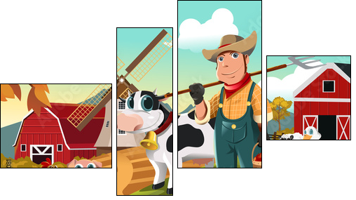 Farmer at the farm with animals - Vierteiliges Leinwandbild, Viertychon