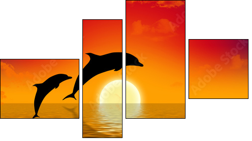 illustration of two dolphins swimming in sunset - Vierteiliges Leinwandbild, Viertychon