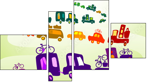 cars caravan, Group of kids playing in a landscape - Vierteiliges Leinwandbild, Viertychon