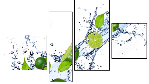 Limes falling in water splash, isolated on white background - Vierteiliges Leinwandbild, Viertychon