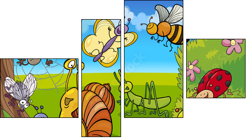 cartoon insects on the meadow - Vierteiliges Leinwandbild, Viertychon