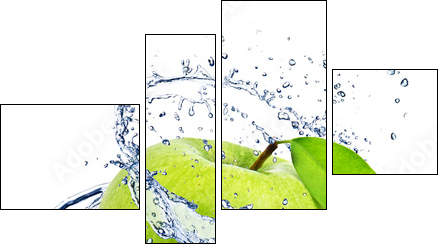 Green apple with water splash, isolated on white background - Vierteiliges Leinwandbild, Viertychon