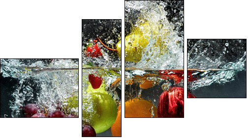 Fruit and vegetables splash into water - Vierteiliges Leinwandbild, Viertychon
