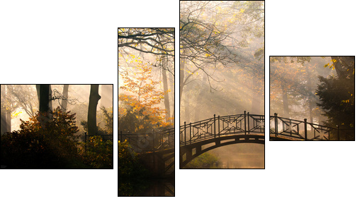 Autumn - Old bridge in autumn misty park - Vierteiliges Leinwandbild, Viertychon