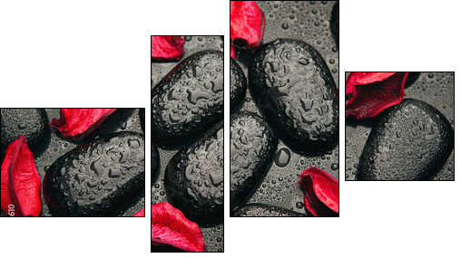 background spa. black stones and red petals with water droplets - Vierteiliges Leinwandbild, Viertychon