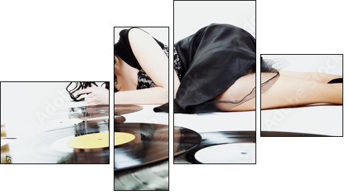 Sexy girl with phonography analogue record music lover - Vierteiliges Leinwandbild, Viertychon