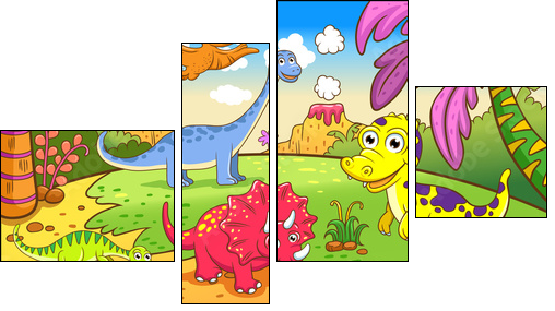 Cute dinosaurs in prehistoric scene - Vierteiliges Leinwandbild, Viertychon