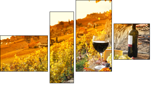 Glass of red wine on the terrace vineyard in Lavaux region, Swit - Vierteiliges Leinwandbild, Viertychon