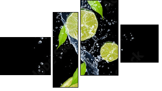 Limes in water splash, isolated on black background - Vierteiliges Leinwandbild, Viertychon