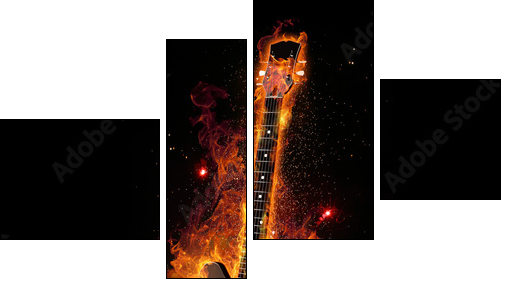E Gitarre unter Feuer - Vierteiliges Leinwandbild, Viertychon