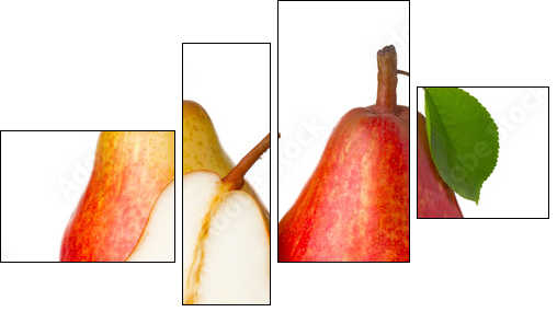 Ripe red pear fruits with green leaves isolated - Vierteiliges Leinwandbild, Viertychon