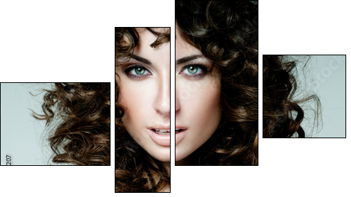 beautiful brunette with curly hair - Vierteiliges Leinwandbild, Viertychon