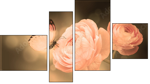 Bouquet of pink roses against a dark background  butterfly - Vierteiliges Leinwandbild, Viertychon