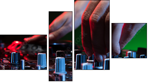DJ at work. Close-up of DJ hands making music - Vierteiliges Leinwandbild, Viertychon