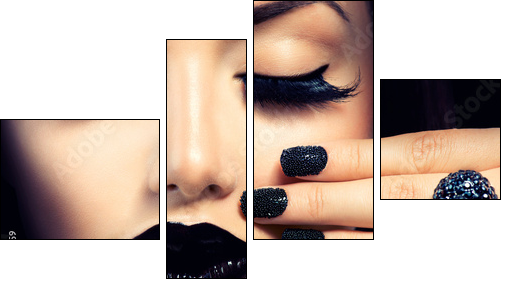 Beauty Fashion Girl with Trendy Caviar Black Manicure and Makeup - Vierteiliges Leinwandbild, Viertychon