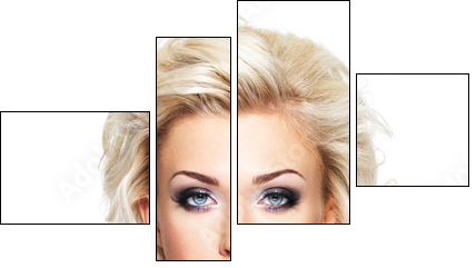 Beautiful blond woman with long curly hair and style makeup. - Vierteiliges Leinwandbild, Viertychon