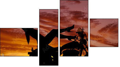 silhouette woman motorcycle heels up hands back - Vierteiliges Leinwandbild, Viertychon