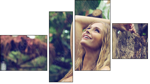 Amazing woman enjoying warm rain - Vierteiliges Leinwandbild, Viertychon