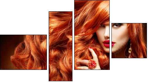Long Curly Red Hair. Fashion Woman Portrait - Vierteiliges Leinwandbild, Viertychon