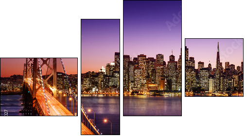 San Francisco skyline and Bay Bridge at sunset, California - Vierteiliges Leinwandbild, Viertychon