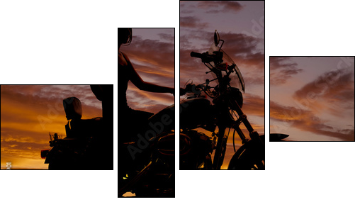 Silhouette of woman sitting on motorcycle - Vierteiliges Leinwandbild, Viertychon