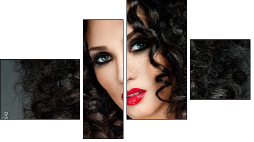 beautiful brunette with gorgeous curly hair - Vierteiliges Leinwandbild, Viertychon