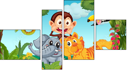 Five animals at the forest - Vierteiliges Leinwandbild, Viertychon