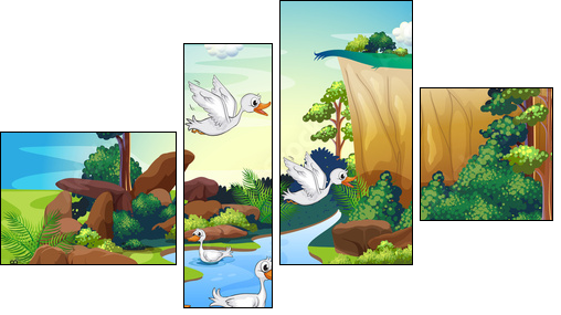 A group of ducks at the river in the forest - Vierteiliges Leinwandbild, Viertychon