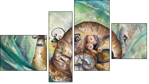 Snail with his house.Picture created with watercolors. - Vierteiliges Leinwandbild, Viertychon