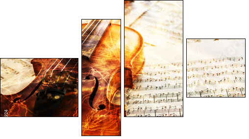 Old violin lying on the sheet of music - Vierteiliges Leinwandbild, Viertychon