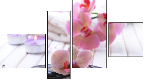 Still life with beautiful blooming orchid flower, towel and spa - Vierteiliges Leinwandbild, Viertychon
