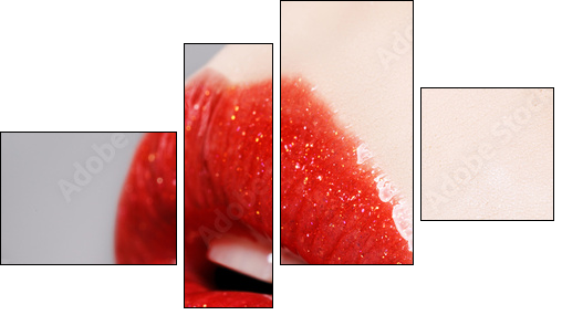 Beautiful female with red shiny lips close up - Vierteiliges Leinwandbild, Viertychon