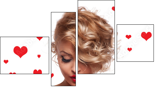 Beautiful woman with glamour bright makeup and red hear - Vierteiliges Leinwandbild, Viertychon