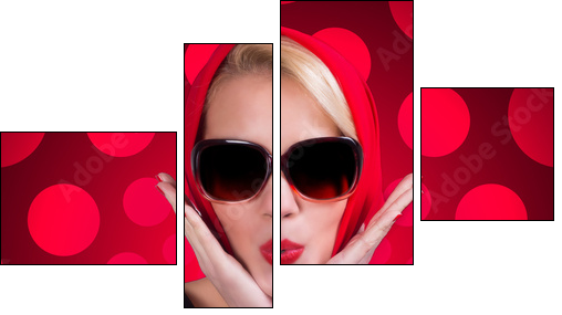 Pin-up girl over red polka-dot background - Vierteiliges Leinwandbild, Viertychon