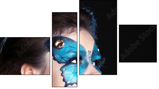 Face art portrait. Fashion Make up. Butterfly makeup on face bea - Vierteiliges Leinwandbild, Viertychon