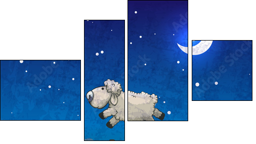 Three sheep  jumping over the fence. Count them to sleep. - Vierteiliges Leinwandbild, Viertychon