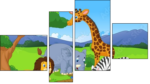 Savannah scenery with animals and waterhole - Vierteiliges Leinwandbild, Viertychon