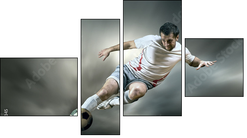 Football player with ball on field of stadium - Vierteiliges Leinwandbild, Viertychon