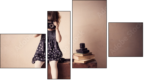 little girl with retro camera on  suitcase indoor - Vierteiliges Leinwandbild, Viertychon
